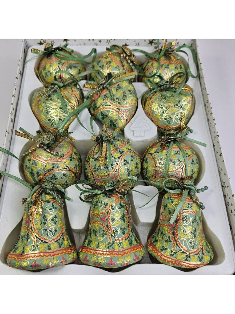 Christmas Ornament Set Paper Mache Bell, Round, And Hearts 12pcs Gold Green Etc